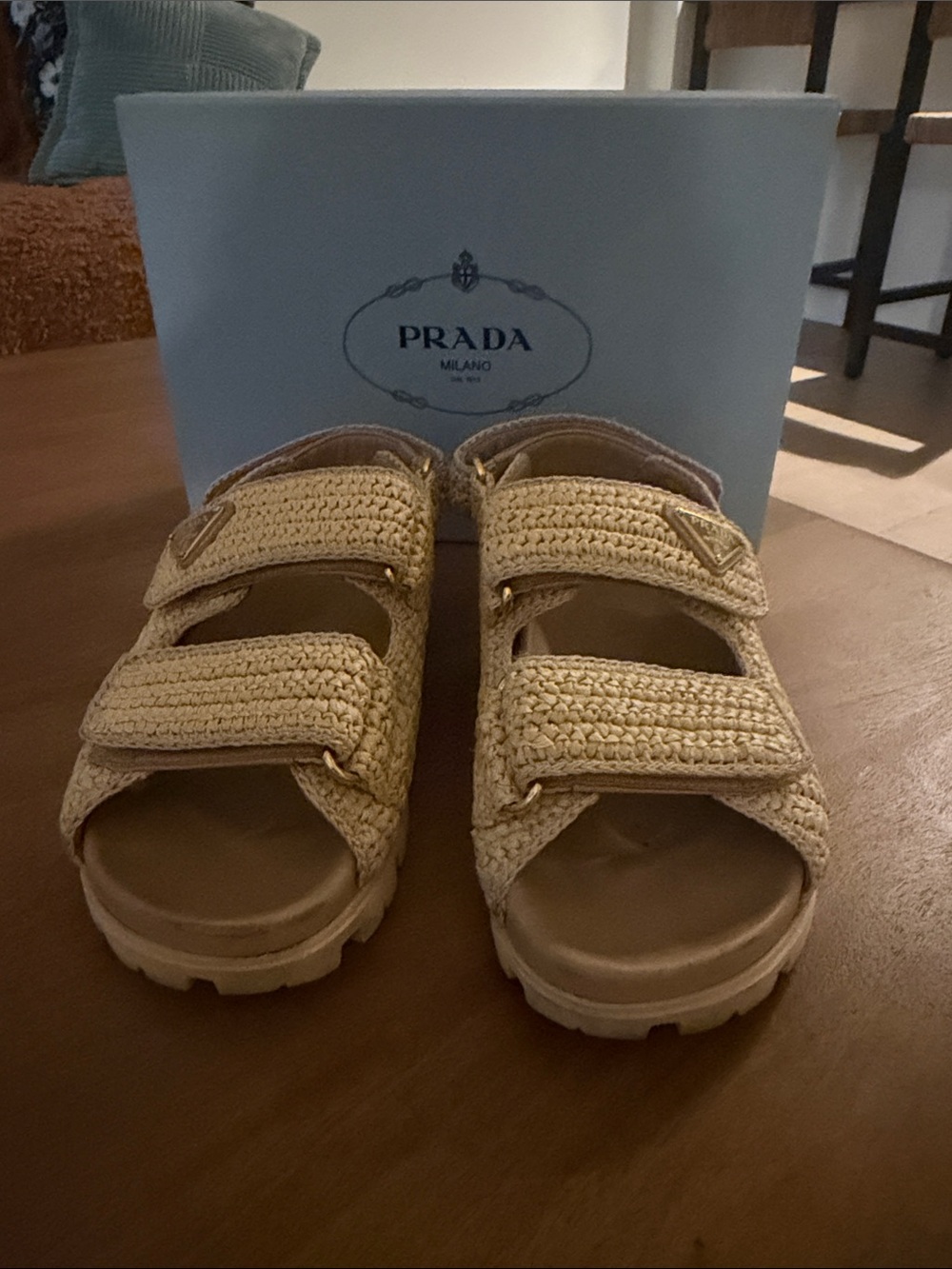 Prada Tan Woven Velcro Sandals - Picture 2 of 6